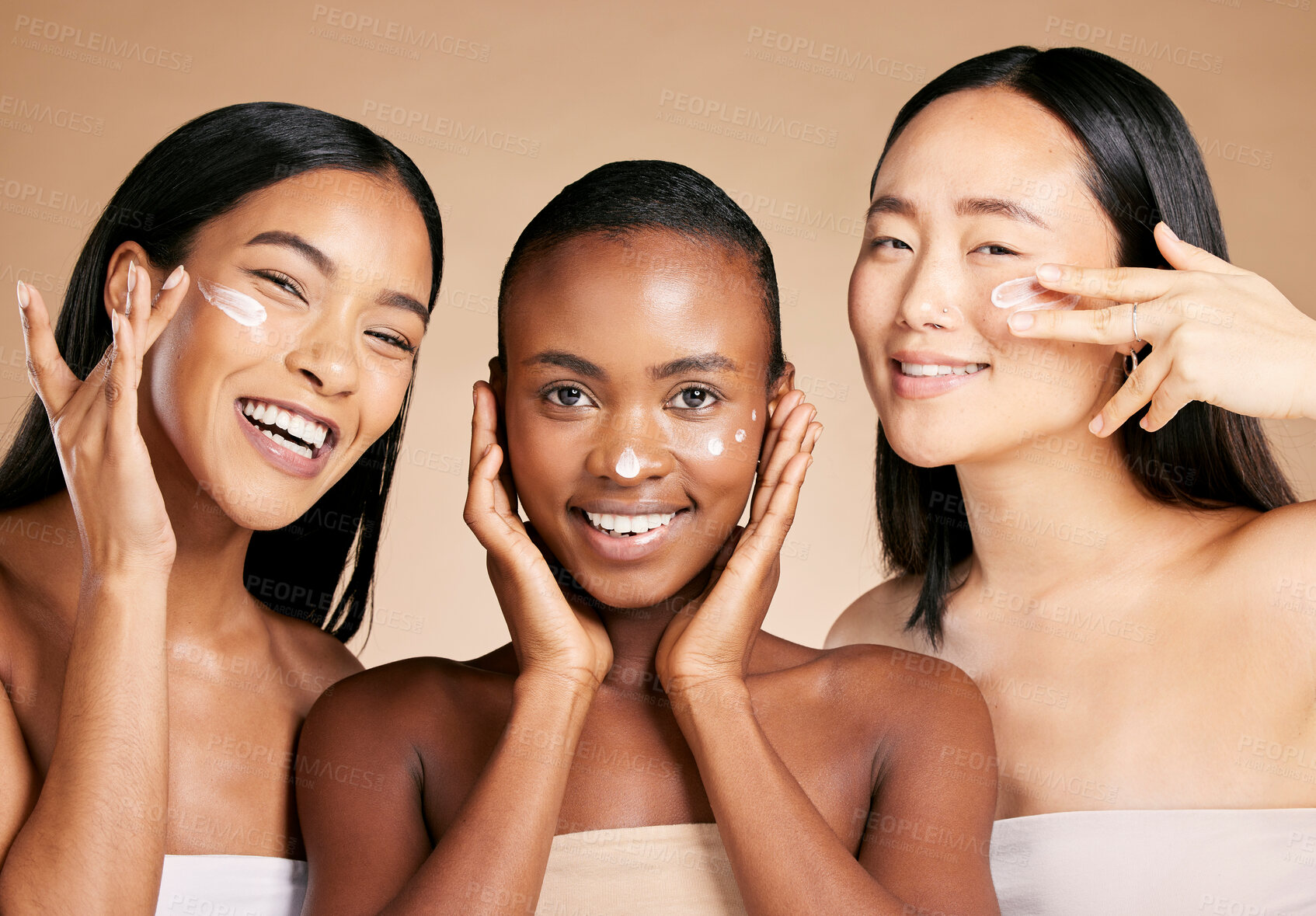 Buy stock photo Diversity, woman and beauty portrait with cream for facial skincare wellness, luxury product and happy dermatology. Model, face and cosmetics happiness, lotion moisturizer and natural glowing skin