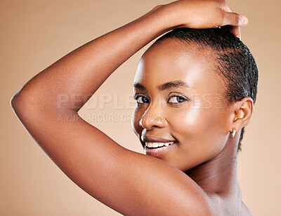 Buy stock photo Beauty, skincare and portrait of black woman in studio to promote luxury treatment, cosmetics and makeup. Spa aesthetic, wellness and girl model on brown background for facial, shine and glowing skin