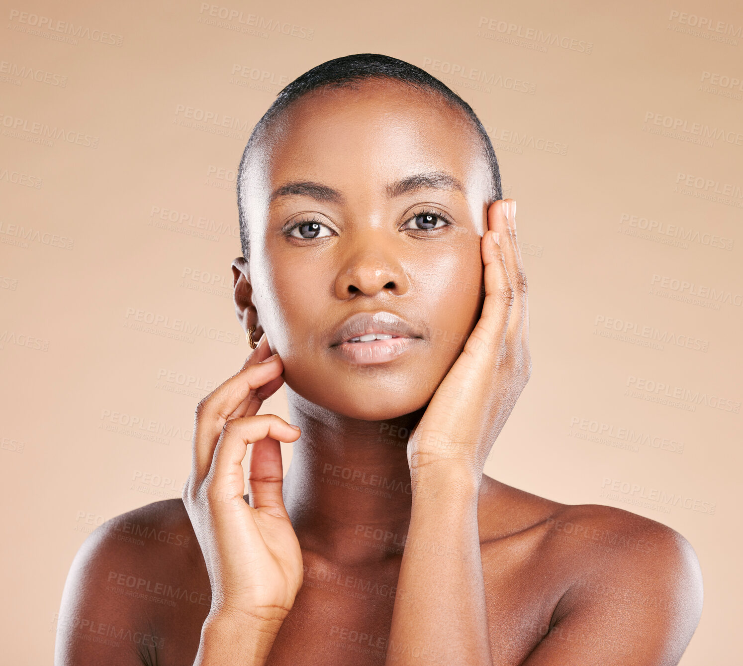 Buy stock photo Black woman, portrait and facial makeup in skincare cosmetics for beauty isolated against studio background. African American female model, person or lady touching face glow, smooth or perfect skin