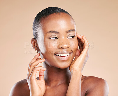 Buy stock photo Facial, skincare and face of black woman in studio to promote luxury treatment, cosmetics and makeup. Spa aesthetic, wellness and girl model on brown background for self care, shine and glowing skin