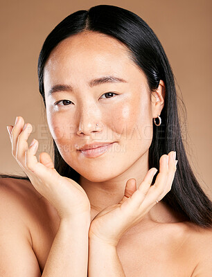 Buy stock photo Portrait, face or Japanese woman in beauty, skincare or grooming routine isolated on studio background. Hands, relaxed or beautiful Asian girl model smiles in luxury facial treatment with self care
