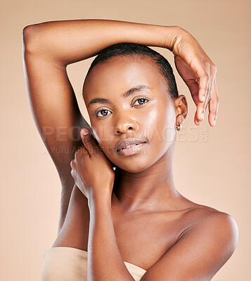 Buy stock photo Black woman, facial and makeup in skincare cosmetics for soft beauty isolated against studio background. Portrait of African American female model, person or lady face in glow, smooth or perfect skin