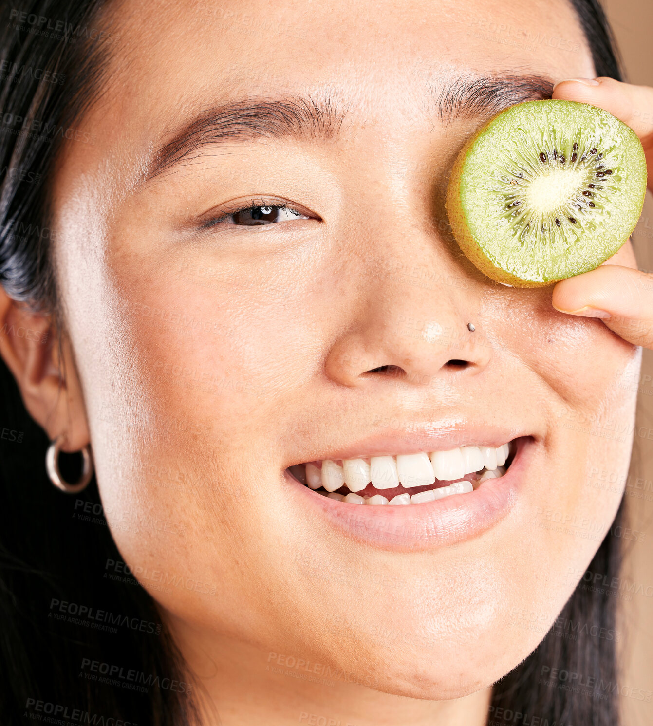 Buy stock photo Asian woman, smile and kiwi skincare portrait for facial skincare wellness, luxury organic product and happy dermatology. Model, face and fruits vitamins for natural cosmetics happiness or skin glow 