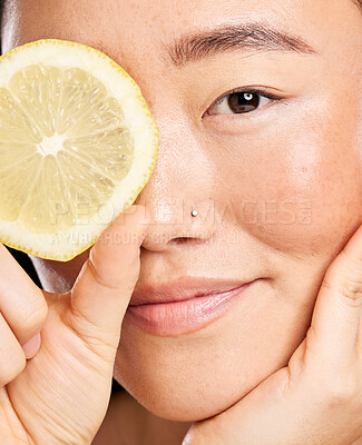 Buy stock photo Skincare, beauty and portrait of an Asian woman with a lemon for body detox, health and wellness. Vitamin c, food and happy Japanese model with a fruit for diet, nutrition and vegan dermatology