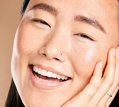 Buy stock photo Portrait, face or happy Japanese woman smiles with pride in skincare routine isolated on studio background. Zoom, relax or beautiful Asian girl model with facial beauty treatment or self care results
