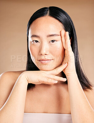 Buy stock photo Asian woman, beauty portrait and hands for skincare wellness, dermatology cosmetics and natural skin glow in studio. Model, face treatment and relax self care vision or cosmetology facial healthcare