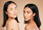 Skincare, makeup and beauty of diversity women portrait in studio for dermatology and cosmetics. Asian and black person together for skin glow, spa facial and natural face of friends for wellness
