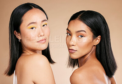 Buy stock photo Skincare, makeup and beauty of diversity women portrait in studio for dermatology and cosmetics. Asian and black person together for skin glow, spa facial and natural face of friends for wellness