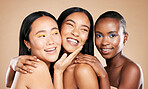 Happy women, smile and face in beauty for skincare, cosmetics or makeup against a studio background. Portrait of female friends or model smiling in happiness or satisfaction for fun healthy treatment