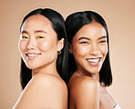 Portrait, makeup and diversity with model woman friends in studio on a beige background for skincare. Face, skin and wellness with a young female and friend posing to promote a cosmetic product