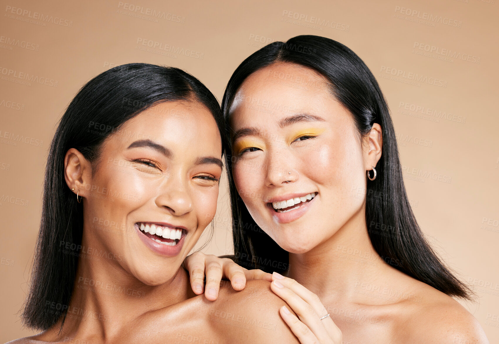 Buy stock photo Portrait, beauty and diversity with woman friends in studio on a beige background for skincare. Face, skin and wellness with a young female and friend posing to model or promote a cosmetic product