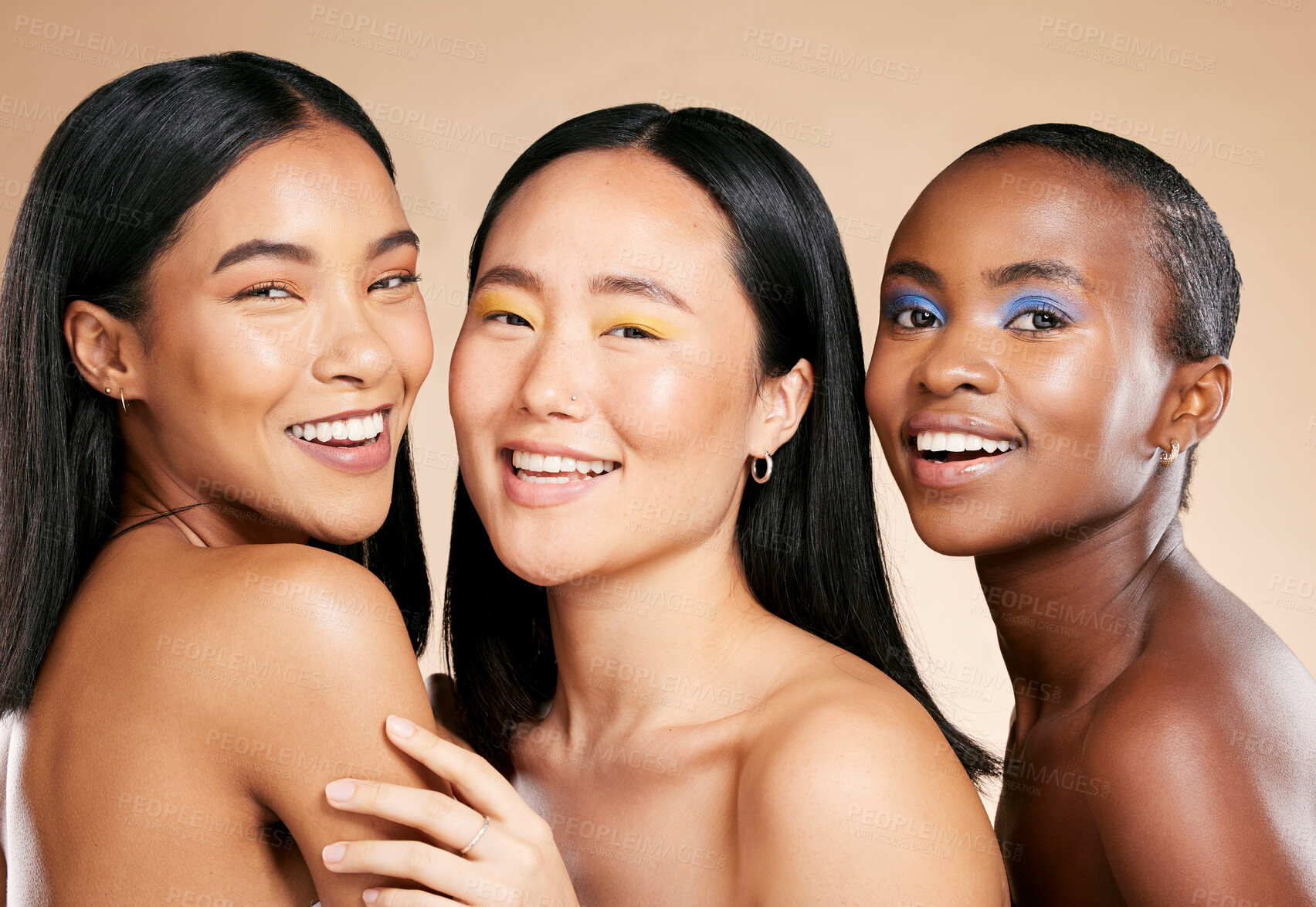 Buy stock photo Beauty, makeup and portrait of women in studio for wellness, hygiene and grooming on brown background. Face, friends and eyeshadow by girl for different, skin and luxury skincare, relax and isolated 