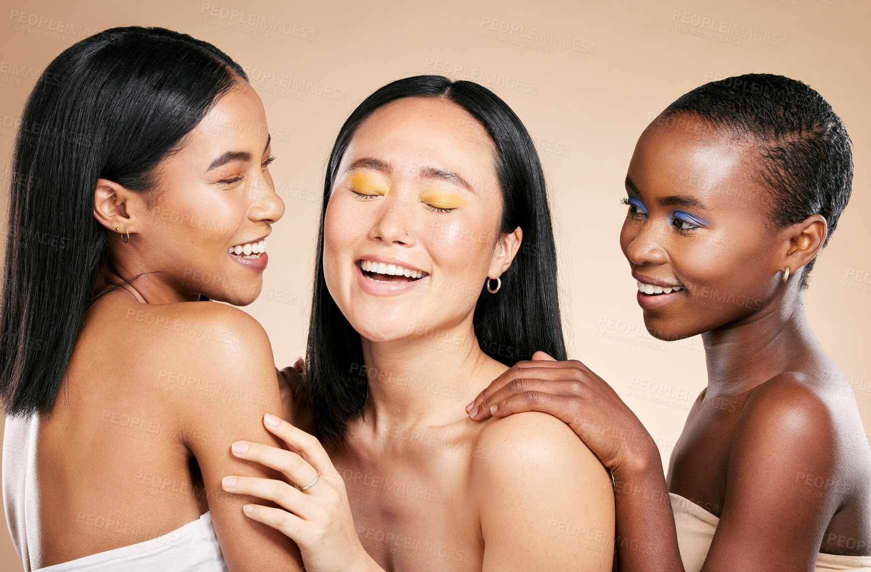 Buy stock photo Happy, friends and beauty in studio for wellness, hygiene and creative grooming on brown background. Smile, women and eyeshadow by girl with different, skin and luxury skincare, relax and isolated 