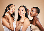 Beauty, makeup tools and women face skincare wellness, cosmetics dermatology and happiness in brown background studio. Diversity, young models laugh and luxury spa products for natural glowing skin 