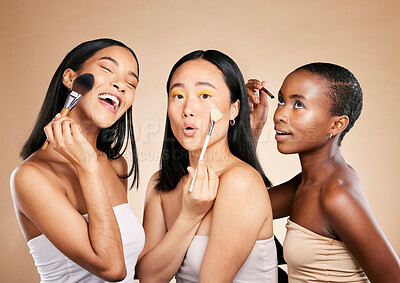 Buy stock photo Beauty, makeup tools and women face skincare wellness, cosmetics dermatology and happiness in brown background studio. Diversity, young models laugh and group spa products for natural glowing skin 