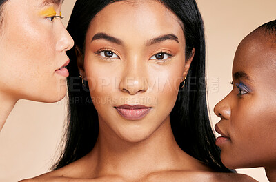 Buy stock photo Women, studio portrait and beauty for diversity, makeup or healthy cosmetic glow on skin by beige background. Happy asian model, black woman or beauty for natural aesthetic or cosmetics for self love