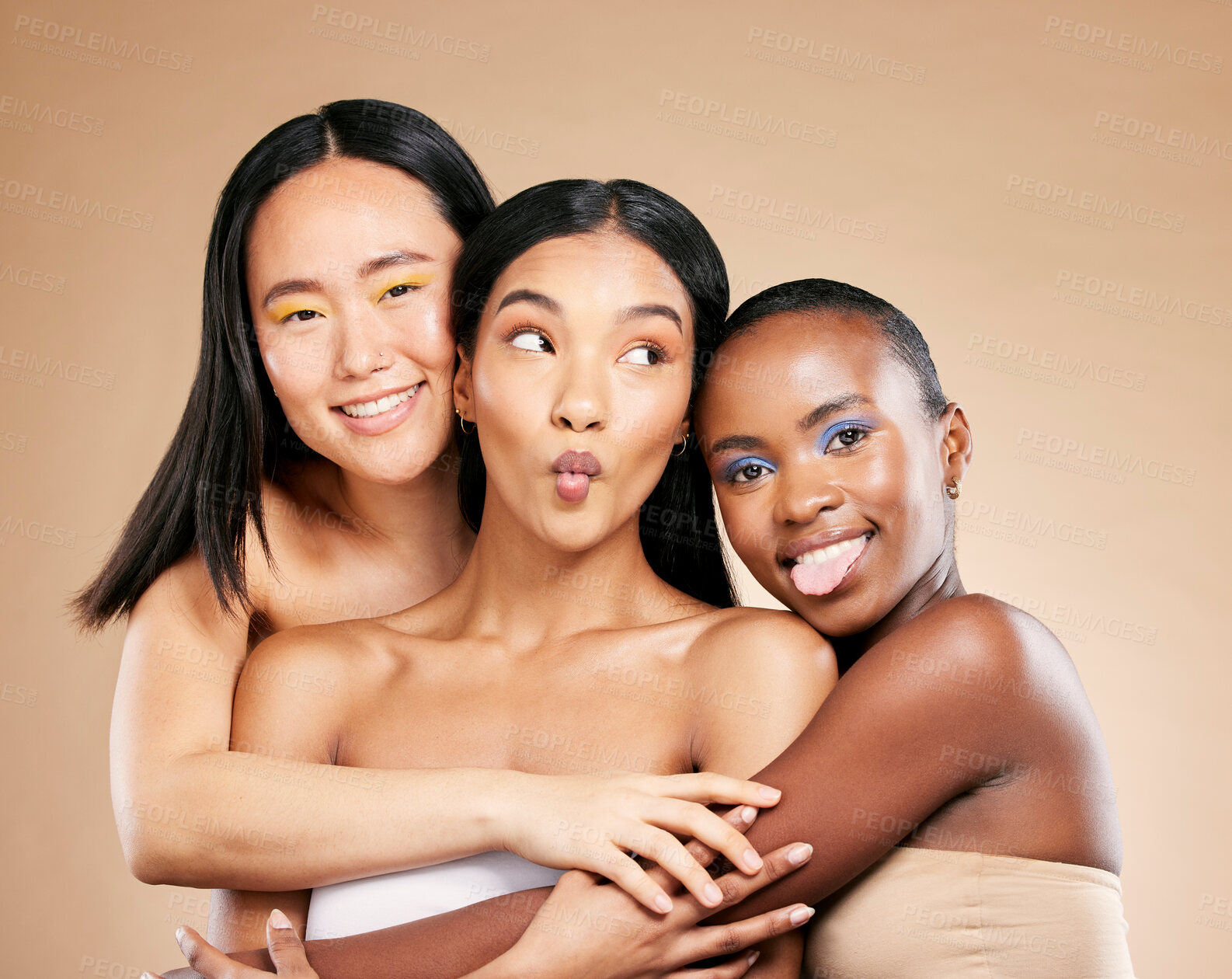 Buy stock photo Beauty, makeup and happy portrait with women facial skincare wellness and cosmetics dermatology in brown background studio. Young model support, diversity and luxury spa treatment for glowing skin 