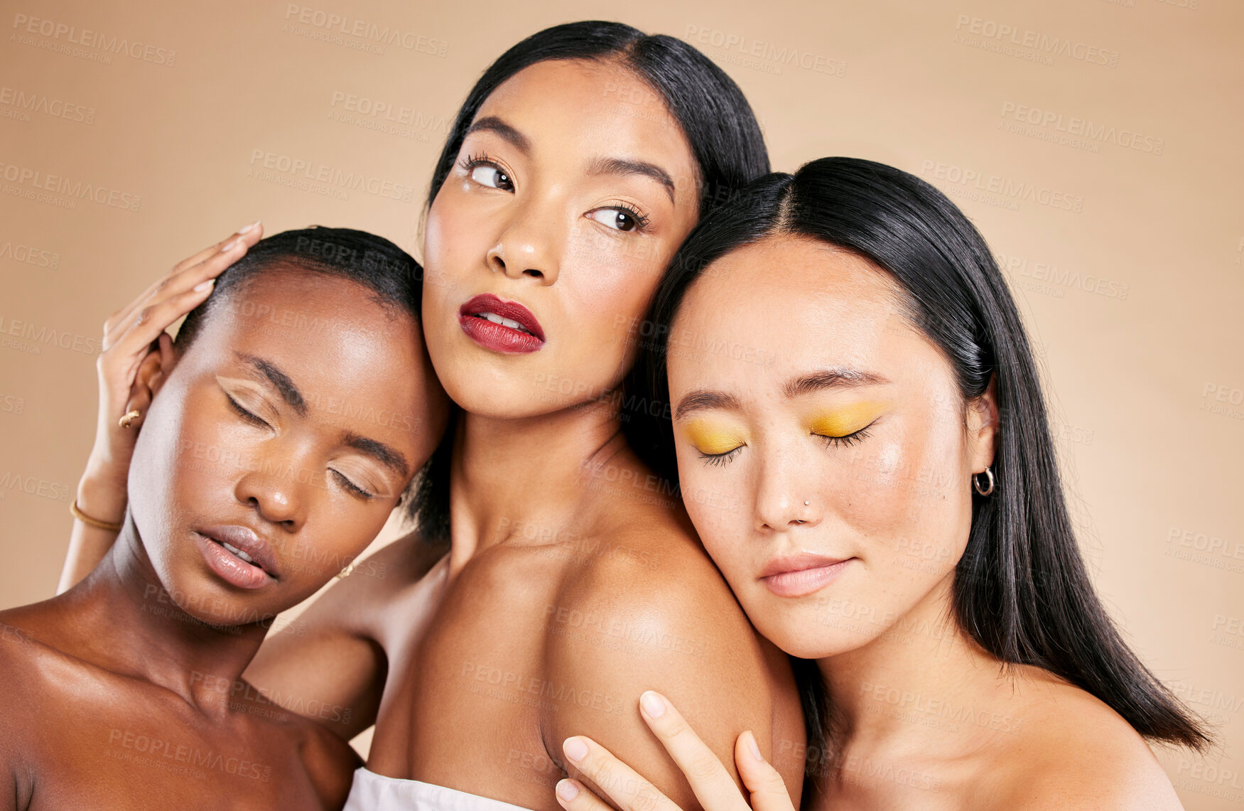 Buy stock photo Women support, makeup and face dermatology for skincare wellness, cosmetics beauty and closed eyes in brown background studio. Young model, diversity and luxury spa treatment for natural glowing skin