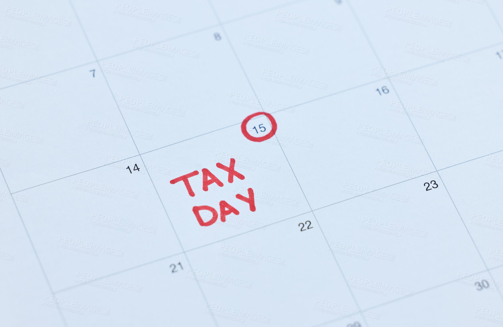 Buy stock photo Tax day, calendar schedule and reminder for government law compliance deadline, file income tax return or self assessment. Remember date, financial audit and due date for finance payment and taxes