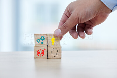 Buy stock photo Business, hand and wooden block with icon for idea, strategy and target for building startup company. Growth, development and goals, blocks for planning process and future success at small business.