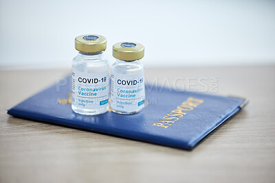 Buy stock photo Covid vaccine vial, passport and travel compliance for medical safety, security and international regulation healthcare. Covid 19 virus, medicine and rules for tourism control during corona pandemic