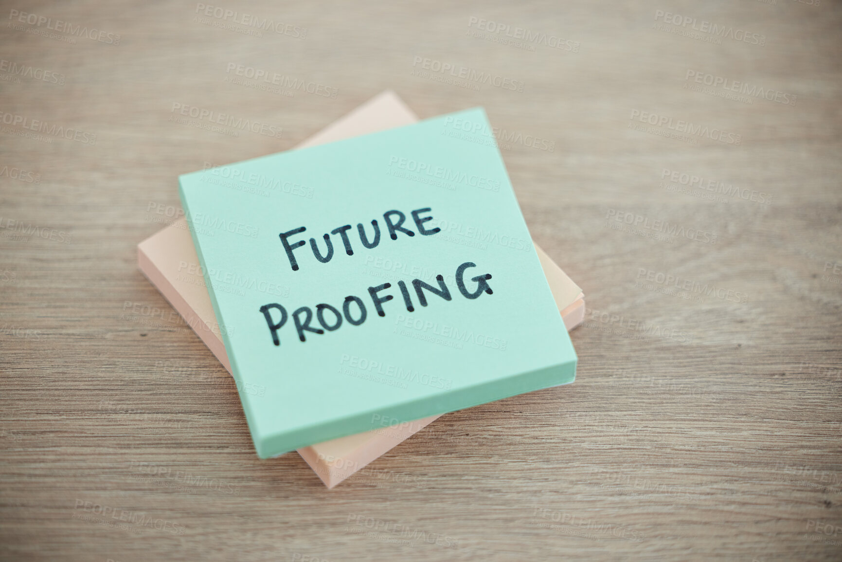 Buy stock photo Sticky note, planning and schedule or desk text for writing or business growth ready for change. Post it or future proofing in leadership, creative innovation or new startup for company improvement