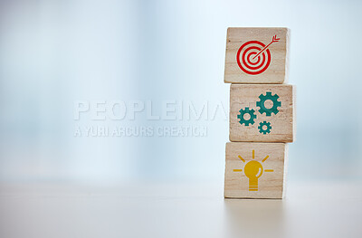 Buy stock photo Growth, target and business mission with building blocks and mockup for investment, idea and strategy. Vision, economy and goal with wood cube tower on table for challenge, profit and planning