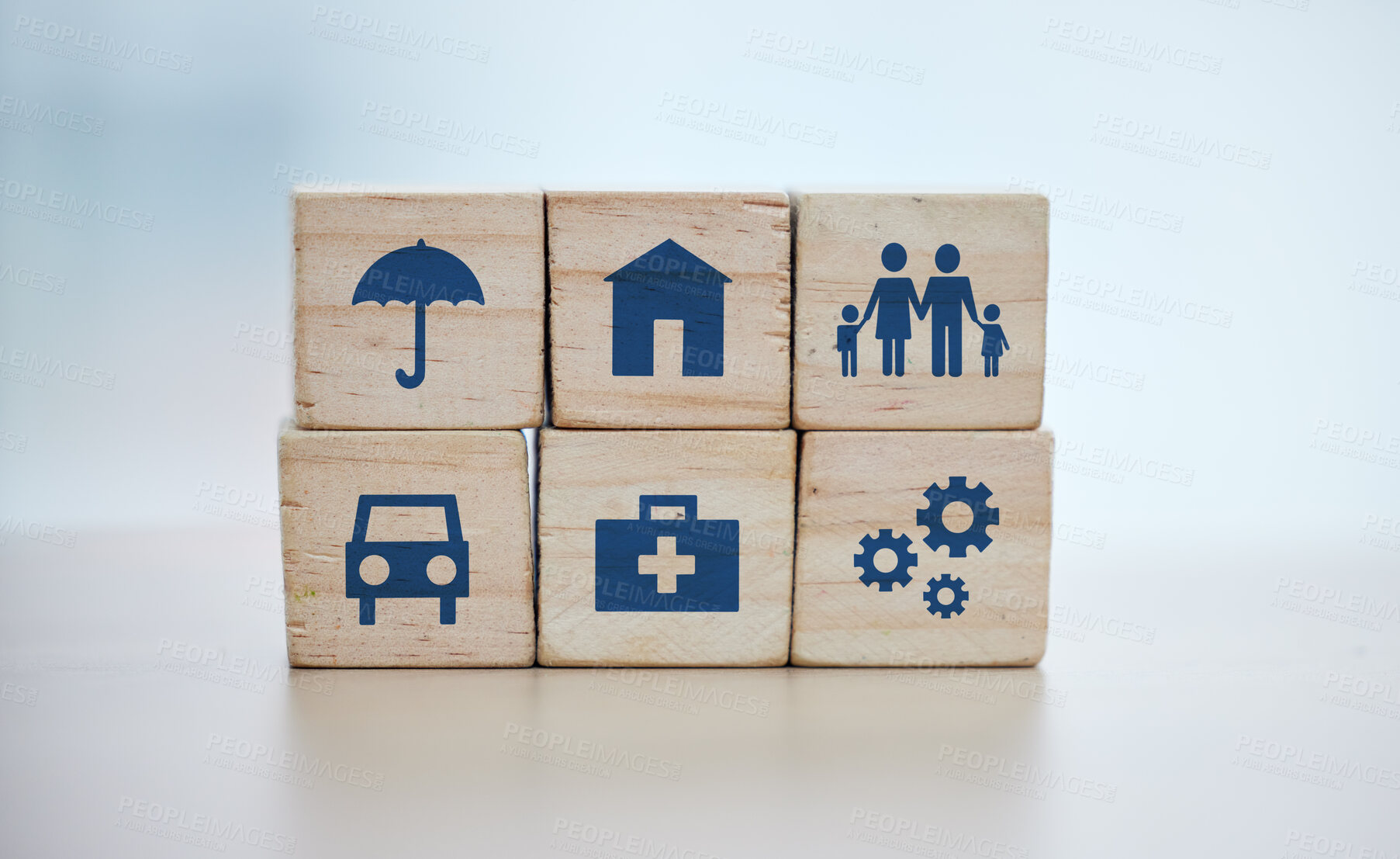 Buy stock photo Wooden, cubes or stack in house risk management, security or future protect on background desk mockup or home table. Zoom, building blocks or life insurance in medical, car loan or mock up cog wheel