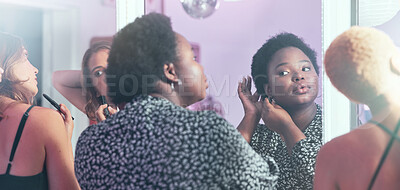 Buy stock photo Black woman, night out and girls in bathroom, ready for party and evening out for dancing, bonding and fun. Ladies, females and friends fixing hair, makeup and outfit for club, beauty and happiness 