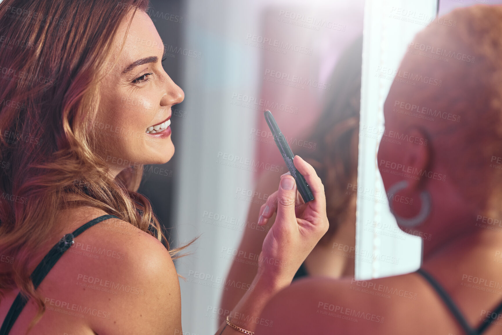 Buy stock photo Makeup, girl friends and getting ready by a mirror with a smile ready for a party. Lipstick, cosmetics and happy person laughing with cosmetic product and skin glow smiling with a friend at a club