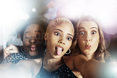 Buy stock photo Selfie, party and disco women or friends in nightclub for celebration, social media and fashion event. Influencer people or black woman with funny, crazy and emoji face for portrait in night glitter