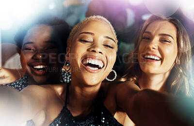 Buy stock photo Selfie, party and happy disco women in nightclub for celebration, social media and rave or techno event. Influencer people or black woman with smile on face for portrait photography in night lights