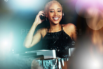 Buy stock photo Black woman, nightclub dj and party portrait with happy, excited face and glitter aesthetic by light. New year celebration, club event and gen z girl with music, festival and happiness for freedom