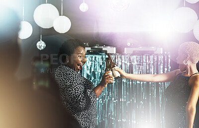 Buy stock photo Part, bar drinks toast and girl friends at party, disco event of happy hour celebration with alcohol. Black women, happiness and beer with people dancing with happiness and drinks at rave with bokeh