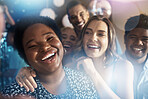 Happy people, portrait or phone selfie on party dance floor in nightclub event, bokeh disco or global celebration. Smile, bonding or friends on mobile photography pov, social media or profile picture