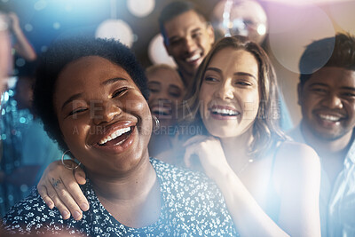 Buy stock photo Happy people, portrait or phone selfie on party dance floor in nightclub event, bokeh disco or global celebration. Smile, bonding or friends on mobile photography pov, social media or profile picture