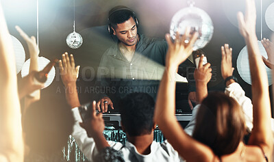 Buy stock photo DJ, party and disco people on dance floor for celebration, night life and techno, rave or festival hands in air. Club, event and lights with youth dancing, celebrate and energy for concert music