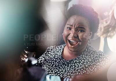 Buy stock photo Black woman, wow or surprise face in party, nightclub event or bokeh disco in birthday celebration, New Year or concert. Shocked, happy or person bonding in friends social gathering or dance festival