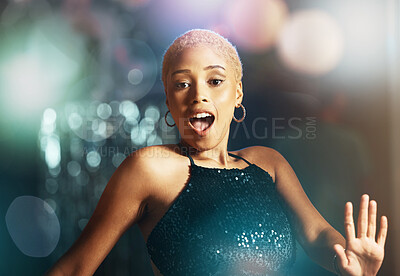 Buy stock photo Black woman, disco dancing and party portrait with happy, excited and glitter aesthetic with light. New year celebration, night club and gen z girl with social dance, happiness and smile for freedom