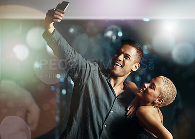 Buy stock photo Couple of friends, phone or selfie on party dance floor in nightclub event, bokeh disco or birthday celebration. Smile, happy or bonding people on mobile photography, social media or profile picture