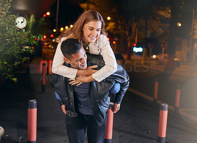 Buy stock photo Couple of friends, piggyback or fun night out on city street or road in birthday celebration, romance date or goofy game. Smile, happy or man carrying woman on back in comic activity or silly bonding