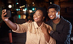 Couple of friends, phone or night selfie on city street or road for social media, profile picture or birthday celebration vlog. Smile, happy or bonding people on mobile photography technology in dark