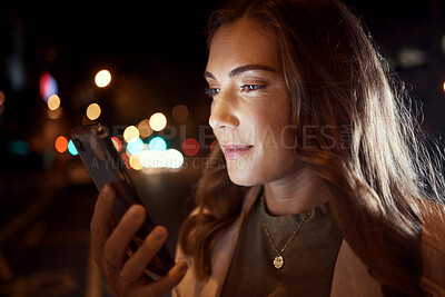 Buy stock photo Woman, face or phone in night city, road or street for social media, taxi call or cab searching in London urban location. Student, tourist or person on mobile communication technology in dark travel