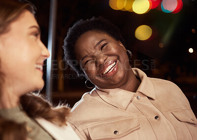 Buy stock photo Women, laughing or bonding in city night, party event or nightclub birthday celebration on road or urban street. Smile, happy or funny friends and comic joke, meme or gossip news for festival concert