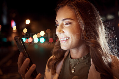 Buy stock photo Happy woman, face or phone in city night, road or street on social media, taxi call or cab search in Dubai location. Smile, student or tourist person on mobile communication technology in dark travel