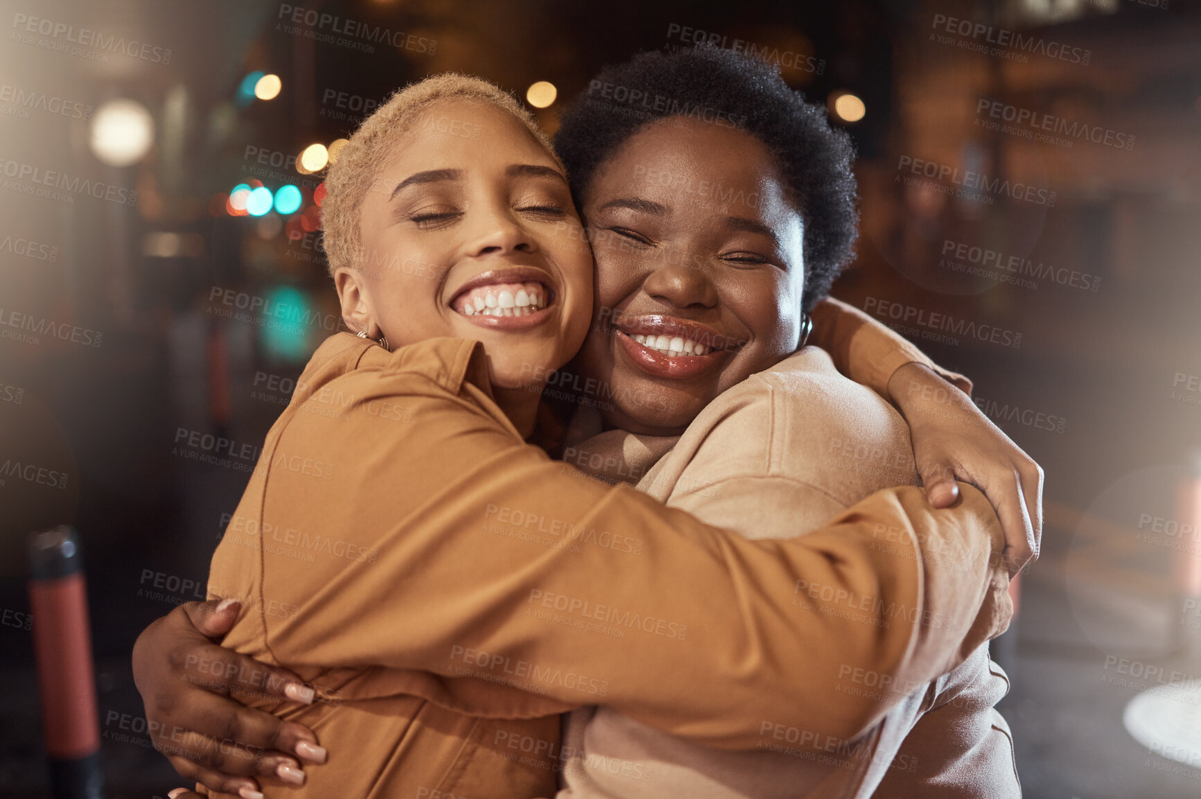 Buy stock photo Women, bonding or hug in city night, party event or late social for birthday celebration, New Year or road festival. Smile, happy or friends embrace, support or trust on dark urban street in fashion