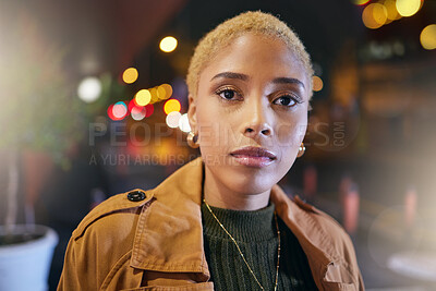 Buy stock photo Portrait, dark and woman in the city at night or evening with urban fashion, style and makeup in a town. Young, beauty and face of female feeling confident and proud in the lights outdoors