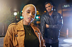 Woman, man and portrait in city, night and street with fashion, nightlife and urban adventure in dark. Gen z couple, outdoor and road in metro with sexy, punk or rock aesthetic by blurred background