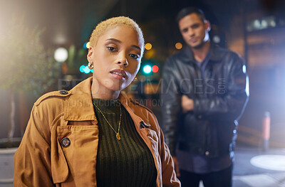 Buy stock photo Woman, man and portrait in city, night and street with fashion, nightlife and urban adventure in dark. Gen z couple, outdoor and road in metro with sexy, punk or rock aesthetic by blurred background
