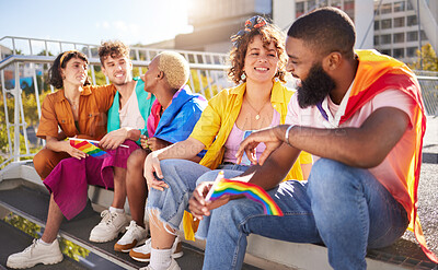 Buy stock photo Diversity, happy and lgbtq with friends in city for freedom, gay pride and equality with human rights. Inclusion, sexuality and community with group of people for love, acceptance or identity support